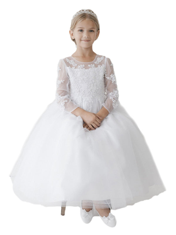 Big Girls White Long Sleeve Illusion Neck Lace Plus Size Communion Dress 6-20X - SophiasStyle.com
