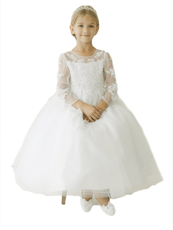Tip Top Kids Little Girls Ivory Floral Lace Applique Flower Girl Dress 2-6 - SophiasStyle.com