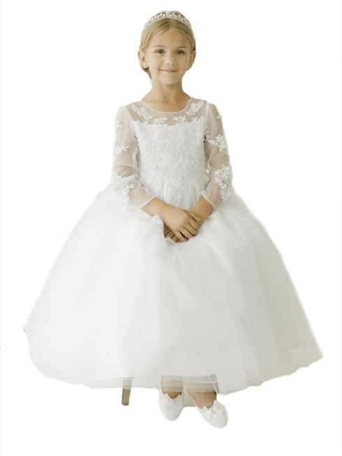Tip Top Kids Big Girls Ivory Floral Lace Applique Mesh Communion Dress 8-14 - SophiasStyle.com