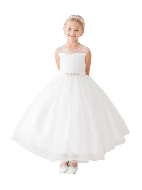 Big Girls White Illusion Neck Beaded Lace Belted Junior Bridesmaid Dress 8-12 - SophiasStyle.com