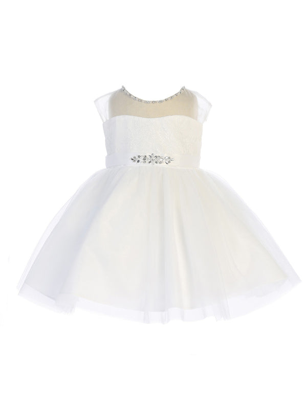 Baby Girls White Illusion Neck Beaded Lace Belted Flower Girl Dress 6-24M - SophiasStyle.com