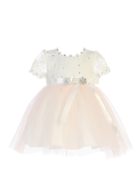 Baby Girls Blush Scallop Edge Neckline Brooch Tulle Flower Girl Dress 6-24M - SophiasStyle.com