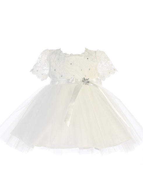 Baby Girls Ivory Scallop Edge Neckline Brooch Tulle Flower Girl Dress 6M - SophiasStyle.com