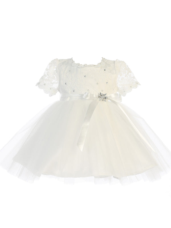 Baby Girls Ivory Scallop Edge Neckline Brooch Tulle Flower Girl Dress 6M - SophiasStyle.com