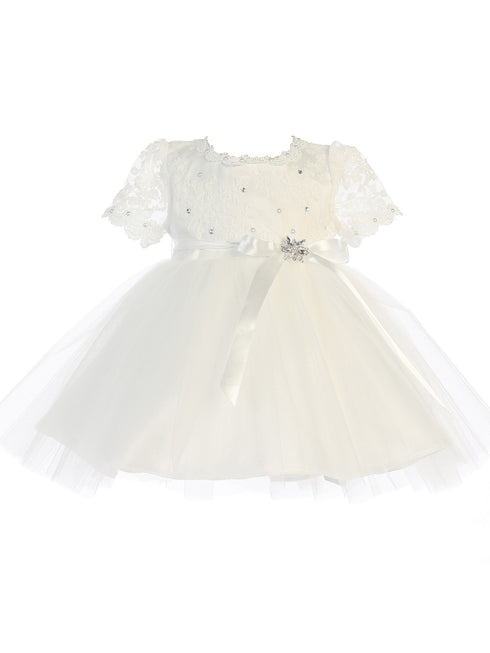 Baby Girls White Scallop Edge Neckline Brooch Tulle Flower Girl Dress 6-24M - SophiasStyle.com