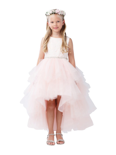 Little Girls Blush Lace Bodice Beaded Sash Hi-Low Flower Girl Dress 2-6 - SophiasStyle.com