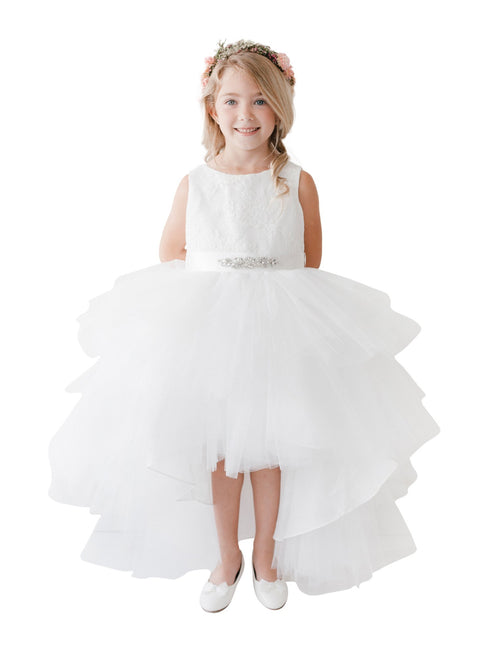 Baby Girls Ivory Lace Bodice Beaded Sash Hi-Low Flower Girl Dress 6-24M - SophiasStyle.com