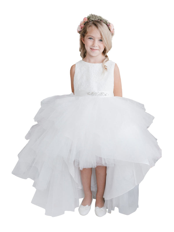 Baby Girls White Lace Bodice Beaded Sash Hi-Low Flower Girl Dress 6-24M - SophiasStyle.com