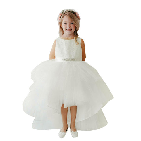 Little Girls Ivory Lace Bodice Beaded Sash Hi-Low Flower Girl Dress 2-6 - SophiasStyle.com