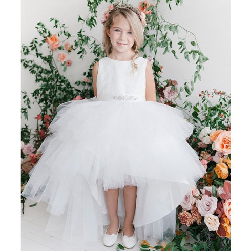 Big Girls White Lace Bodice Beaded Sash Hi-Low Junior Bridesmaid Dress 8-12 - SophiasStyle.com