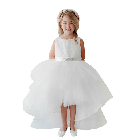 Big Girls White Lace Bodice Beaded Sash Hi-Low Junior Bridesmaid Dress 8-12 - SophiasStyle.com