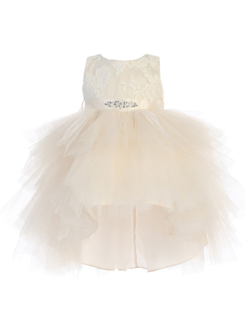 Baby Girls Champagne Lace Bodice Beaded Sash Hi-Low Flower Girl Dress 6-24M - SophiasStyle.com
