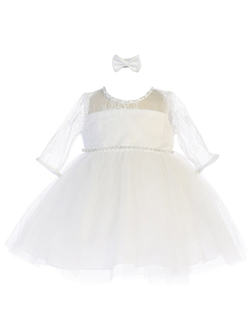 Baby Girls White Three Quarter Lace Sleeve Tulle Flower Girl Dress 6-24M - SophiasStyle.com