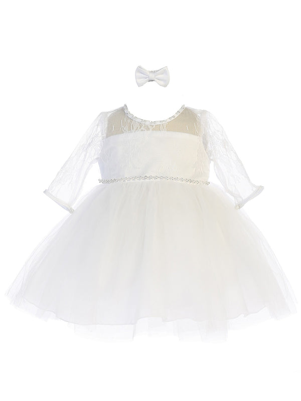 Baby Girls White Three Quarter Lace Sleeve Tulle Flower Girl Dress 6-24M - SophiasStyle.com