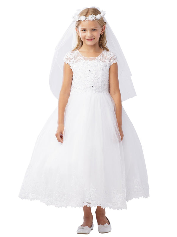 Big Girls White Lace Tulle Rhinestone Plus Size Communion Dress 6X-20X - SophiasStyle.com