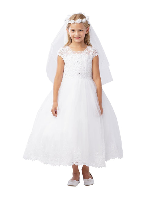 Big Girls White Illusion Neckline Rhinestone Lace Applique Communion Dress 7-18 - SophiasStyle.com