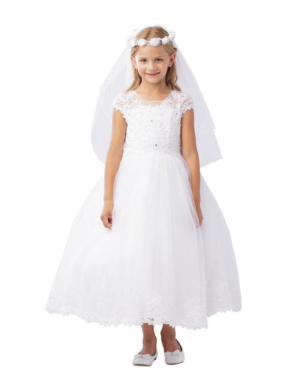 Big Girls White Illusion Neckline Rhinestone Lace Applique Communion Dress 7-18 - SophiasStyle.com