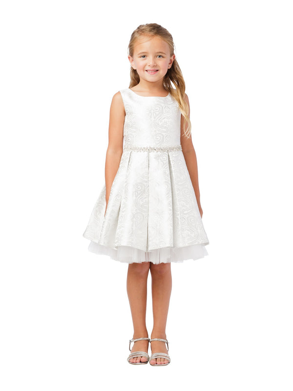 Little Girls Silver Rhinestone Star Sash Jacquard Tulle Flower Girl Dress 2-6 - SophiasStyle.com