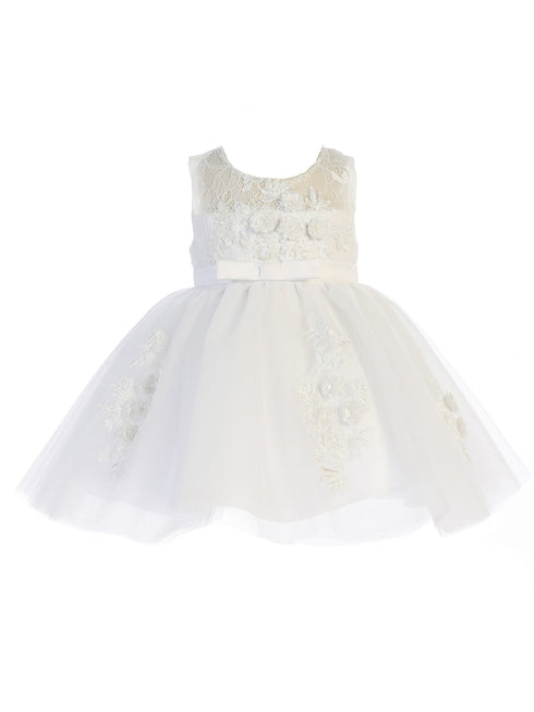 Baby Girls Ivory Illusion Neckline Bow Satin Sash Flower Girl Dress 6-24M - SophiasStyle.com