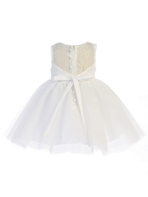 Baby Girls White Illusion Neckline Bow Satin Sash Flower Girl Dress 6-24M - SophiasStyle.com