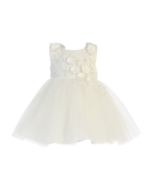 Baby Girls Ivory Shiny 3D Lace Bodice Mesh Skirt Flower Girl Dress 6-24M - SophiasStyle.com