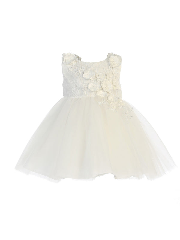 Baby Girls Ivory Shiny 3D Lace Bodice Mesh Skirt Flower Girl Dress 6-24M - SophiasStyle.com