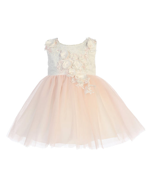 Baby Girls Ivory Blush 3D Lace Bodice Mesh Skirt Flower Girl Dress 12M - SophiasStyle.com