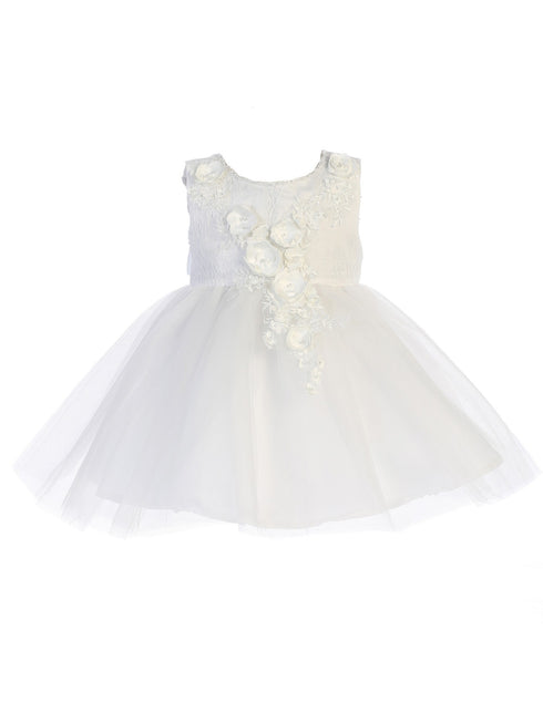 Baby Girls White Shiny 3D Lace Bodice Mesh Skirt Flower Girl Dress 6-24M - SophiasStyle.com