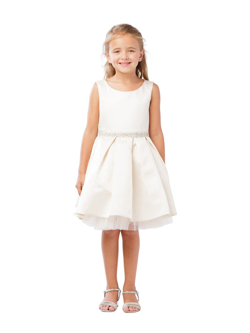 Little Girls Champagne Rhinestone Tulle Satin Pleated Flower Girl Dress 2-6 - SophiasStyle.com