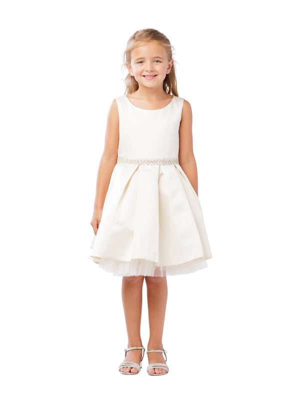 Little Girls Champagne Rhinestone Tulle Satin Pleated Flower Girl Dress 2-6 - SophiasStyle.com