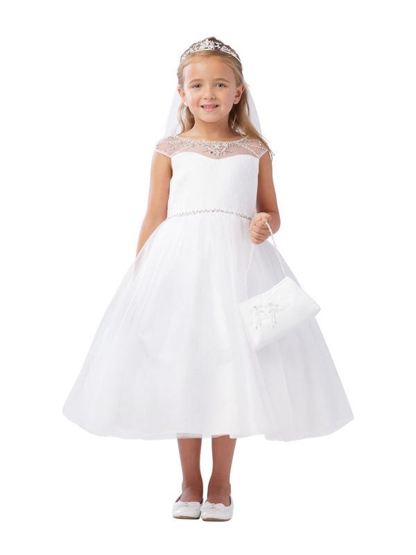 Little Girls Ivory Illusion Neckline Pearl Adorned Waist Flower Girl Dress 2-6 - SophiasStyle.com