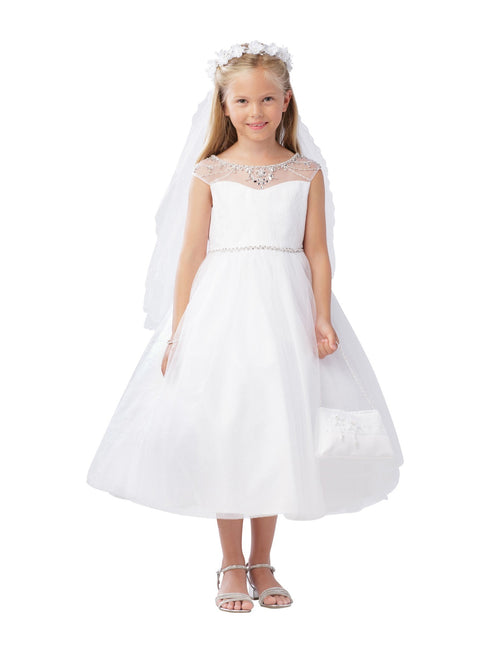 Big Girls White Illusion Neck Pearl Adorned Waist Junior Bridesmaid Dress 8-16 - SophiasStyle.com