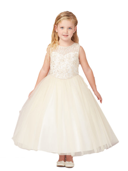 Little Girls Champagne Illusion Lace Tulle Flower Girl Easter Dress 2-6 - SophiasStyle.com
