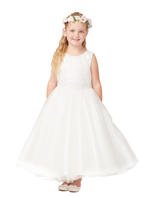 Tip Top Kids Little Girls Ivory Pearls Tulle Embroidery Flower Girl Dress 2-6 - SophiasStyle.com