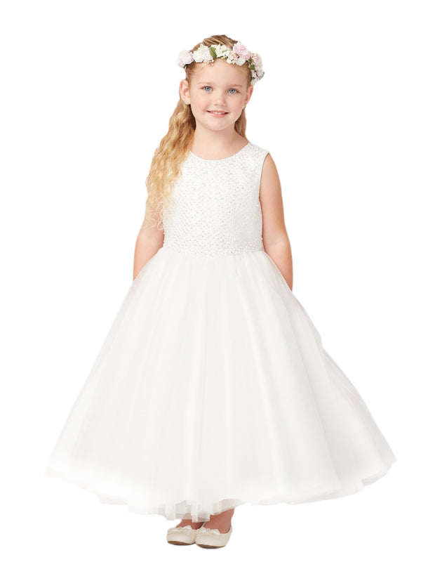 Tip Top Kids Little Girls Ivory Pearls Tulle Embroidery Flower Girl Dress 2-6 - SophiasStyle.com