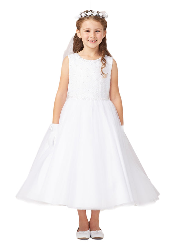 Tip Top Kids Big Girls White Pearls Tulle Embroidery Communion Dress 8-16 - SophiasStyle.com