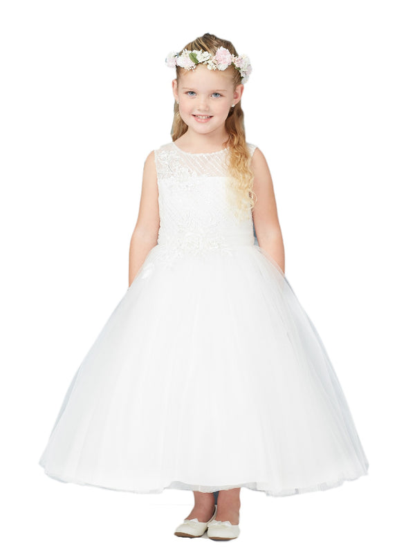 Tip Top Kids Big Girls Ivory Diagonal Embroidery Junior Bridesmaid Dress 8-12 - SophiasStyle.com