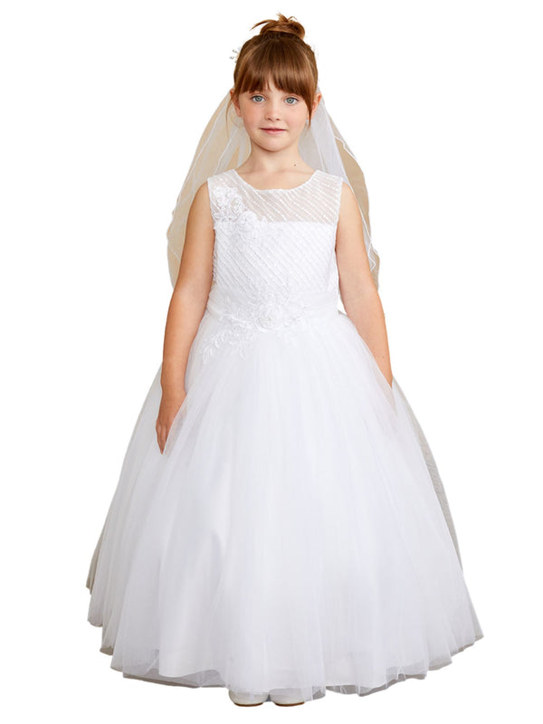 Tip Top Kids Girls White Lace Applique Illusion Neckline Special Occasion Dress, Sizes 2-18 - SophiasStyle.com