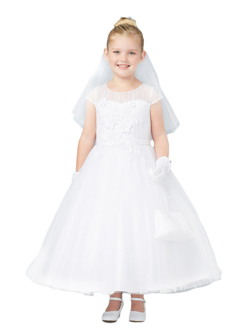 Tip Top Kids Big Girls White Cap Sleeves Lace Embroidered Communion Dress 7-20 - SophiasStyle.com