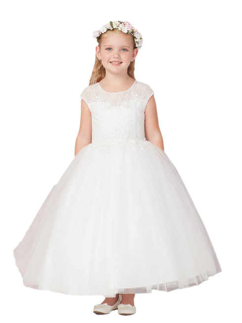 Tip Top Kids Big Girls Ivory Illusion Neck Lace Communion Dress 8-14 - SophiasStyle.com