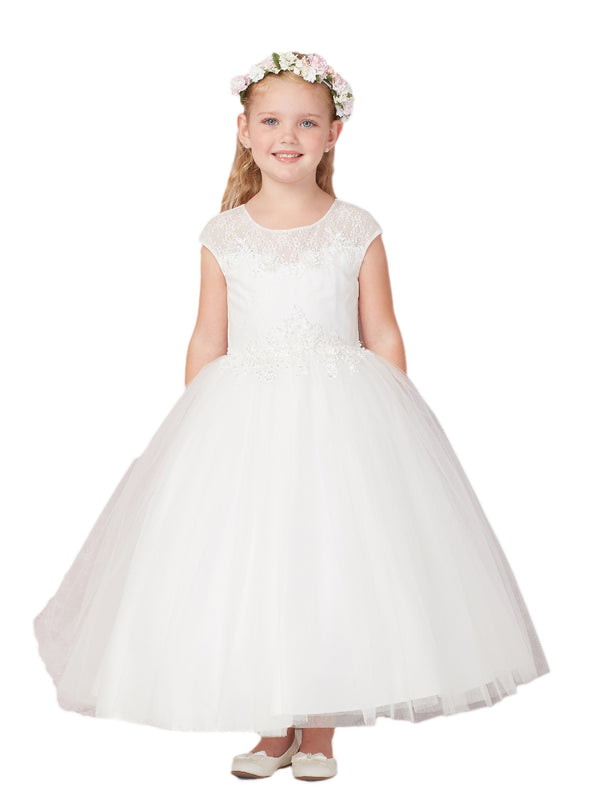 Tip Top Kids Big Girls Ivory Illusion Neck Lace Communion Dress 8-14 - SophiasStyle.com