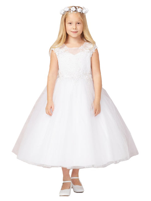 Big Girls White Illusion Neck Lace Tulle Communion Dress 7-18 - SophiasStyle.com