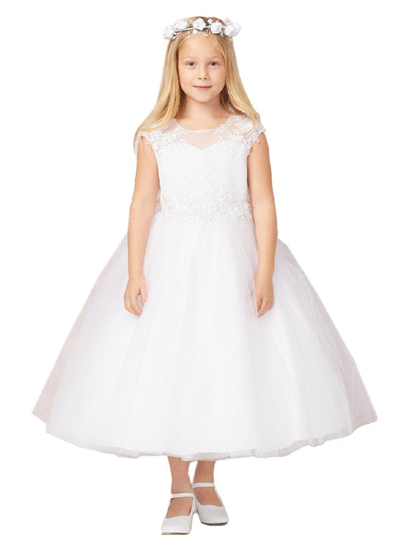 Big Girls White Illusion Neck Lace Tulle Communion Dress 7-18 - SophiasStyle.com