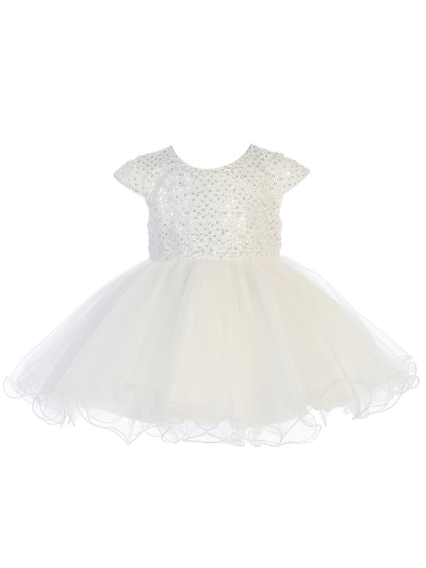 Tip Top Kids Baby Girls Ivory Criss Cross Sequin Pearls Flower Girl Dress 6-24M - SophiasStyle.com