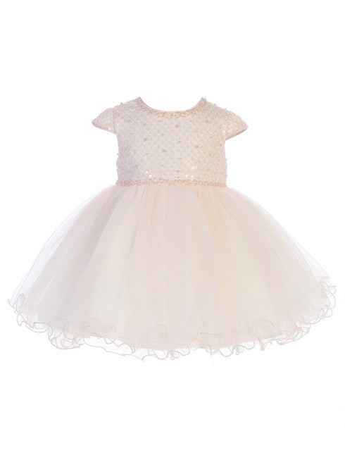 Tip Top Kids Baby Girls Blush Criss Cross Sequin Pearls Flower Girl Dress 6-24M - SophiasStyle.com