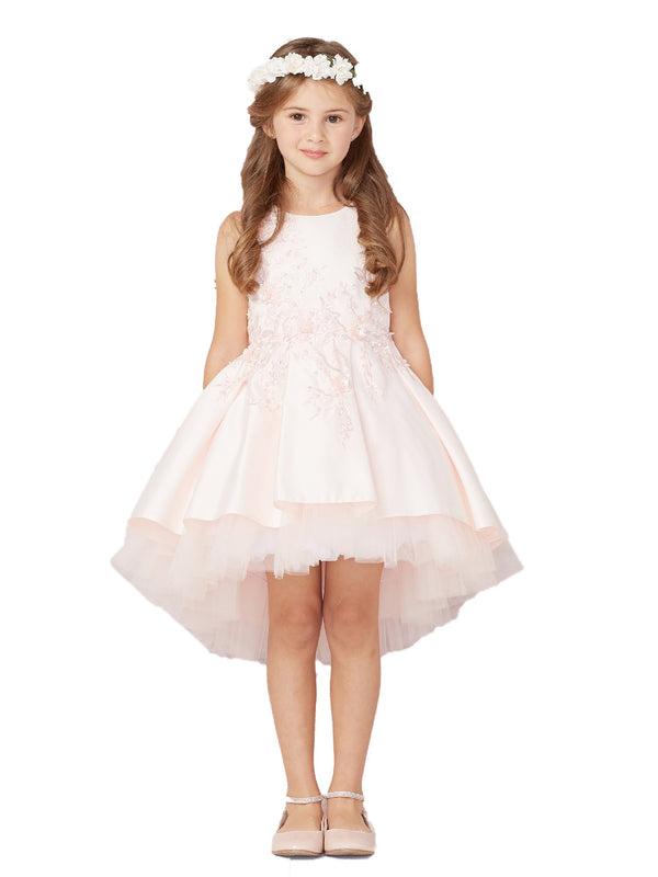 Tip Top Kids Big Girls Blush Pink Hi-Low Lace Tulle Junior Bridesmaid Dress 8-16 - SophiasStyle.com