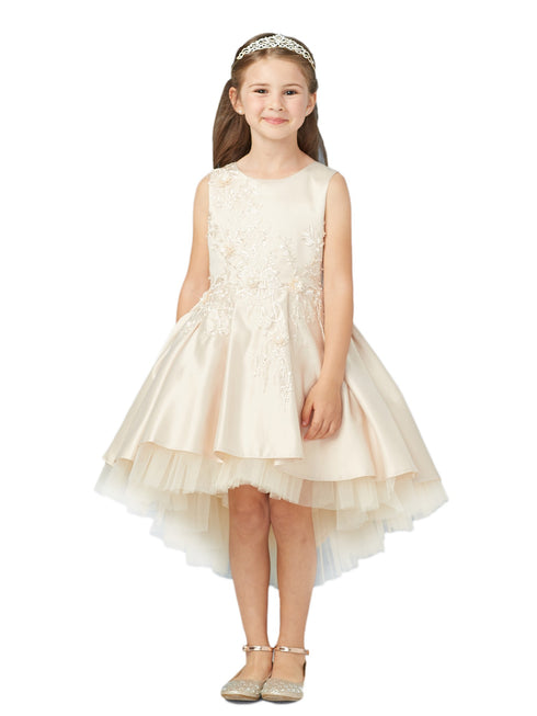 Tip Top Kids Little Girls Champagne Pink Hi-Low Lace Tulle Flower Girl Dress 2-6 - SophiasStyle.com
