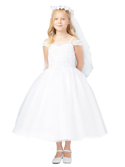 Tip Top Kids Little Girls White Off-Shoulder Lace Tulle Flower Girl Dress 2-6 - SophiasStyle.com