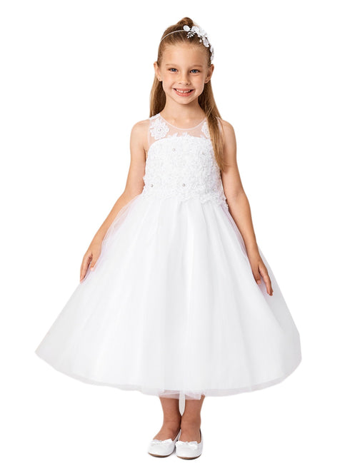 Girls White Illusion Neck Embroidered Tulle Junior Bridesmaid Dress 2-14 - SophiasStyle.com