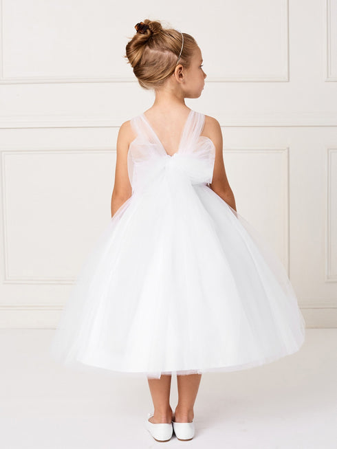 Little Girls Ivory Illusion Neck Embroidered Tulle Bow Flower Girl Dress 2-6 - SophiasStyle.com